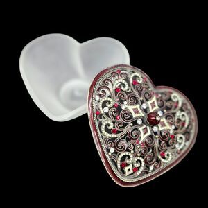 Patchi Trinket Candy Dish Lid Heart Shaped Intricate Filigree Red White Jewels